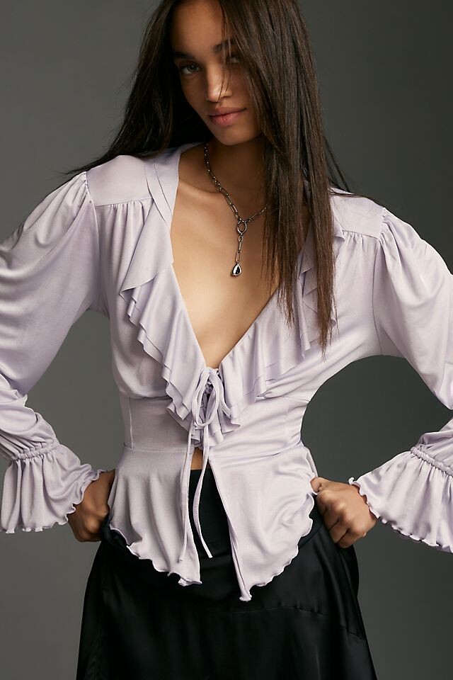 

Топ Anthropologie с длинными рукавами и оборками, лавандовый