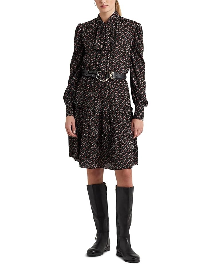 

Платье LAUREN Ralph Lauren Floral Tie Neck Georgette, черный
