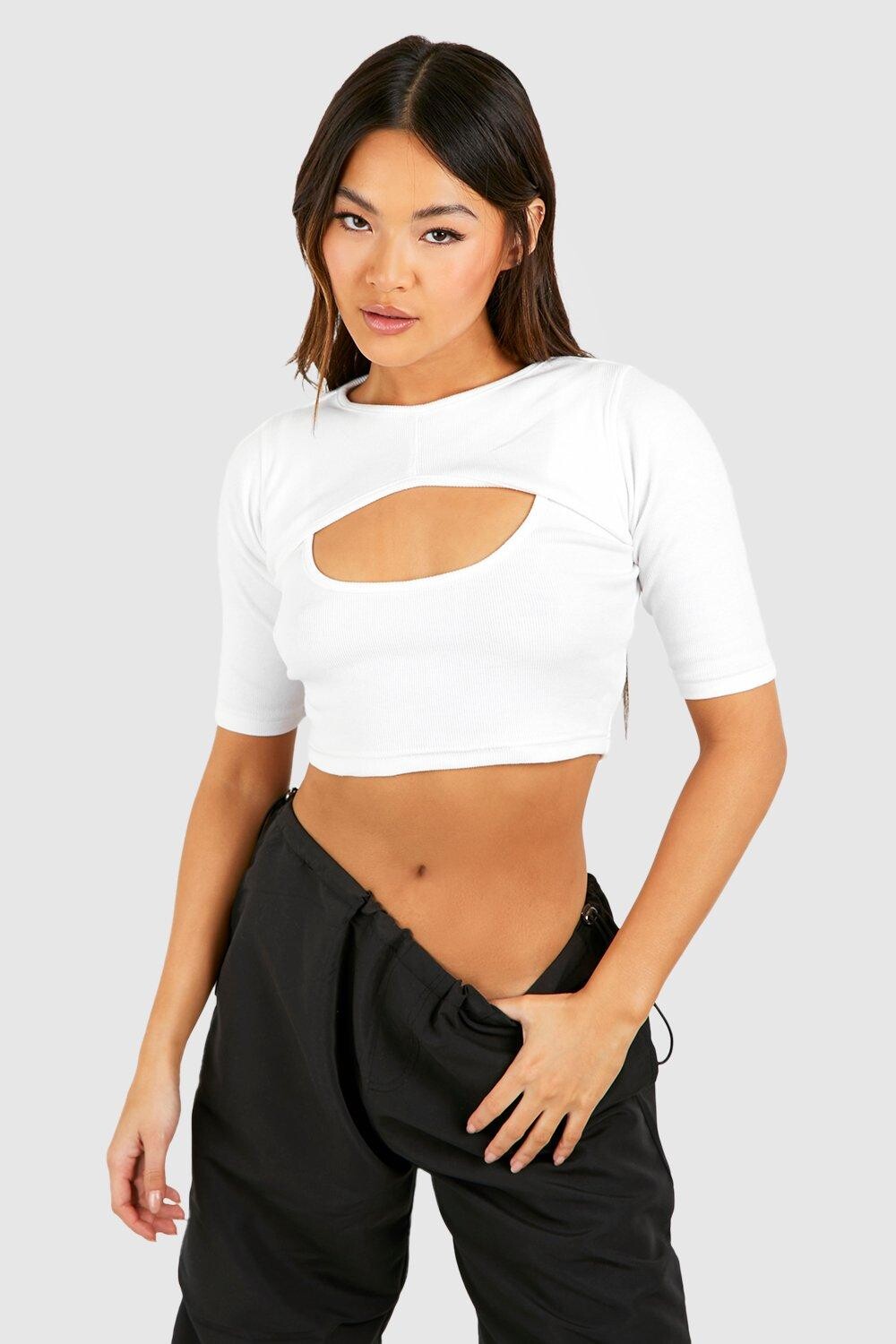 

Укороченный топ с вырезным вырезом basic rib Boohoo, белый