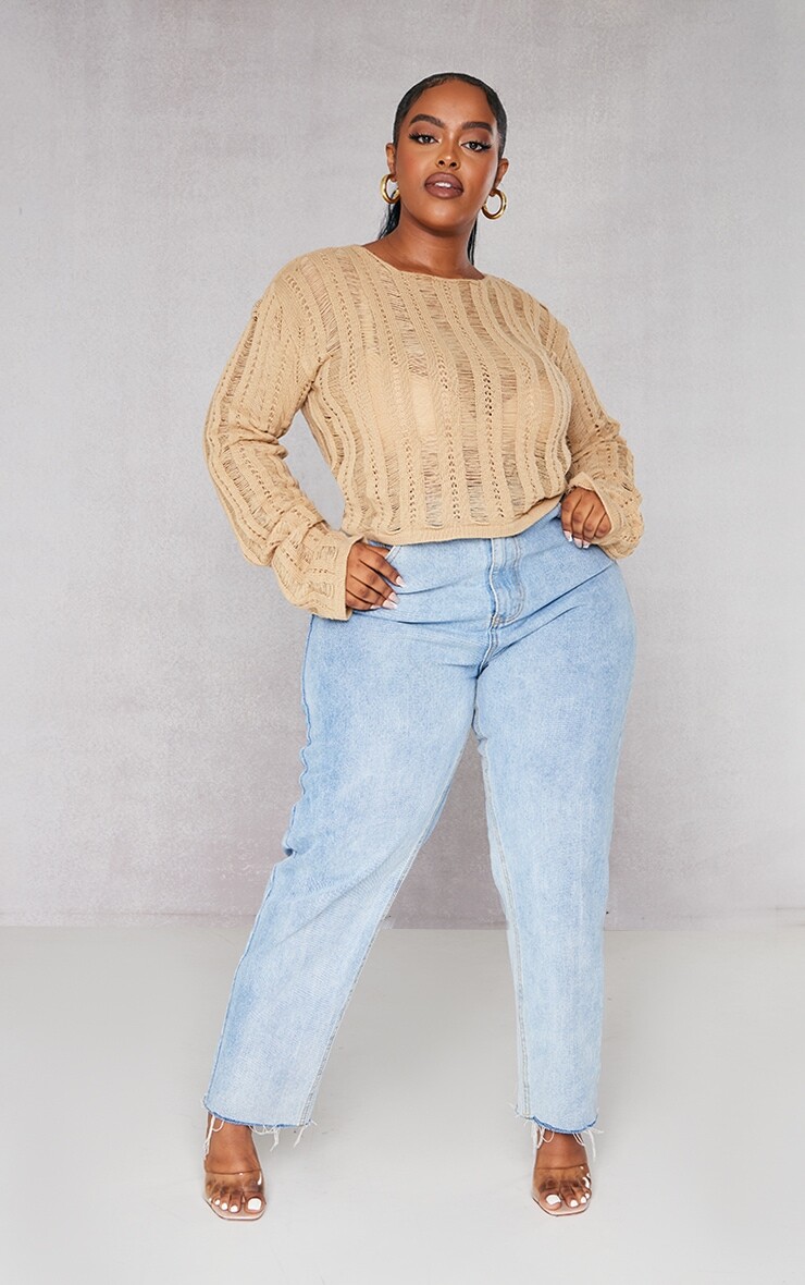 

PrettyLittleThing Укороченный трикотажный укороченный топ Plus Stone с длинными рукавами