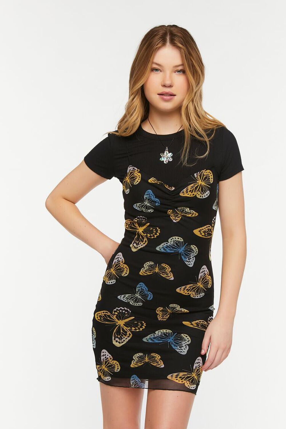 

Мини-платье на бретельках с сетчатым принтом бабочки Forever 21, черный