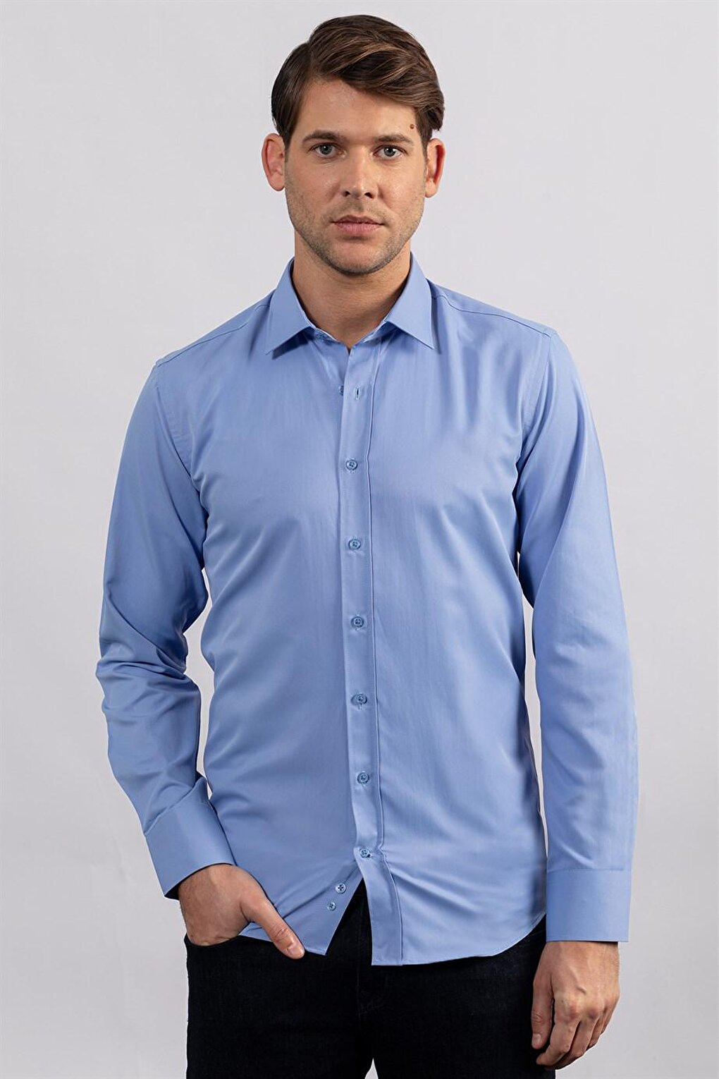Современная приталенная мужская однотонная синяя рубашка TUDORS, синий