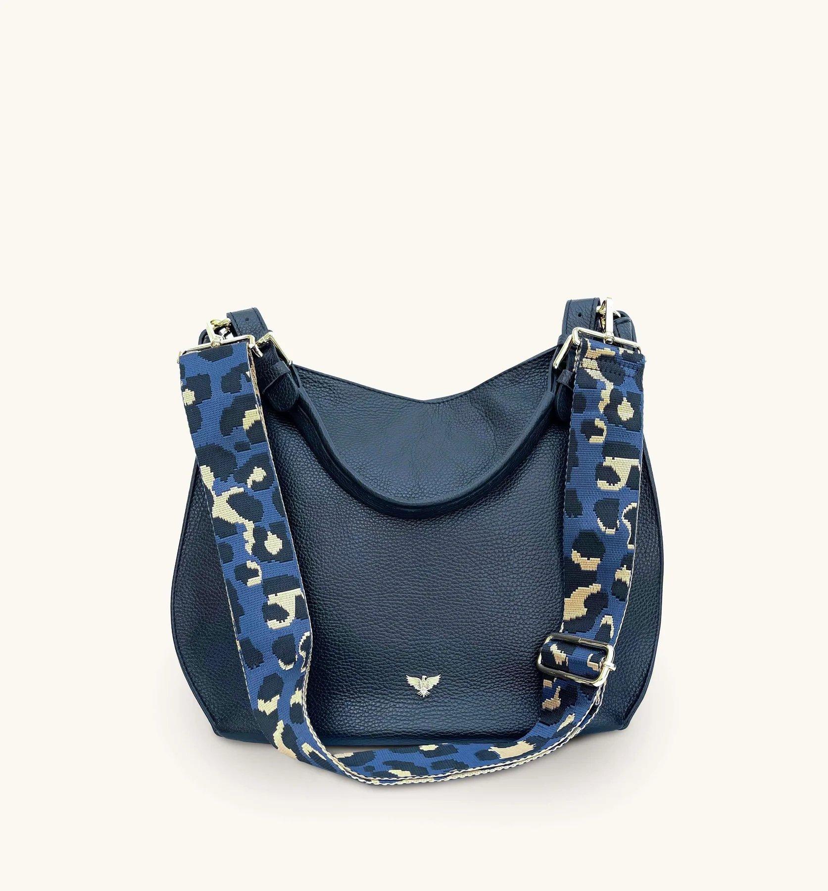 Темно-синяя кожаная сумка Harriet с темно-синим леопардовым ремешком Apatchy London, темно-синий кожаная сумка из италии
