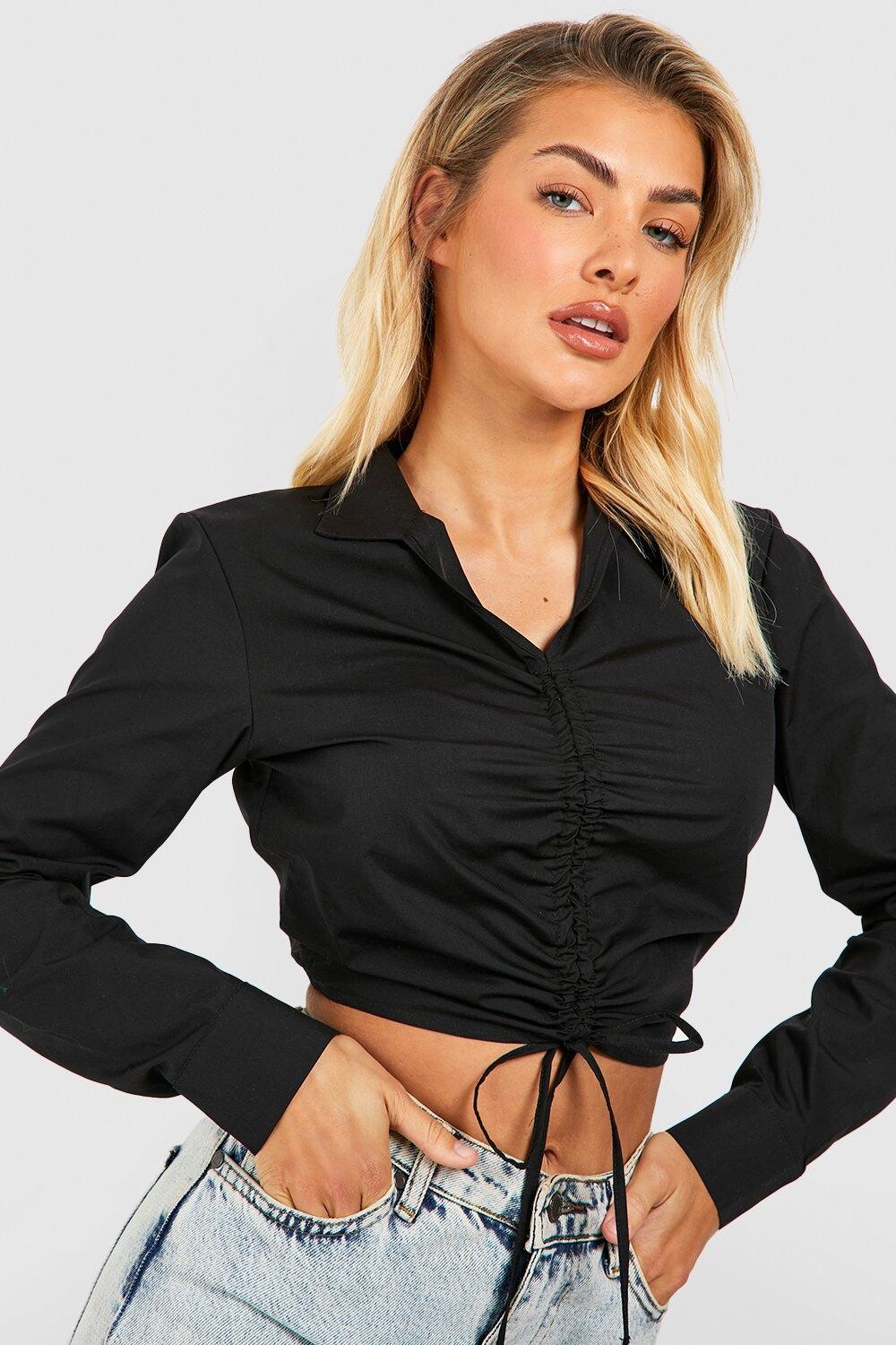 

Укороченная рубашка со собирами Boohoo, черный