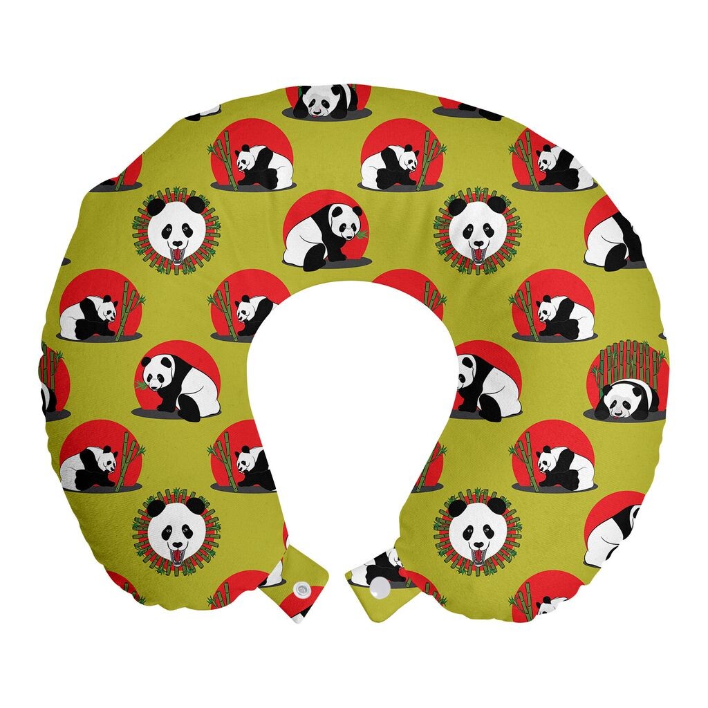 

ABAKUHAUS Panda Дорожная подушка для шеи, массивные бамбуковые палочки с изображением животных, пенопластовые дорожные принадлежности для самолета и автомобиля, 30x30 см, желто-зеленый киноварь