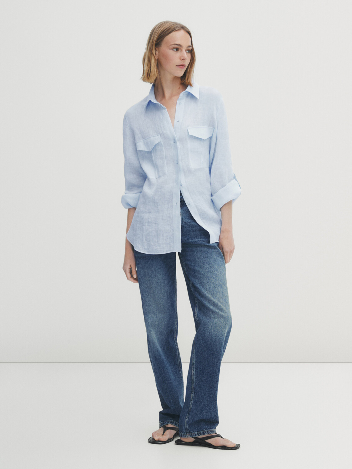 

Рубашка из 100% льна с карманами Massimo Dutti, светло-синий