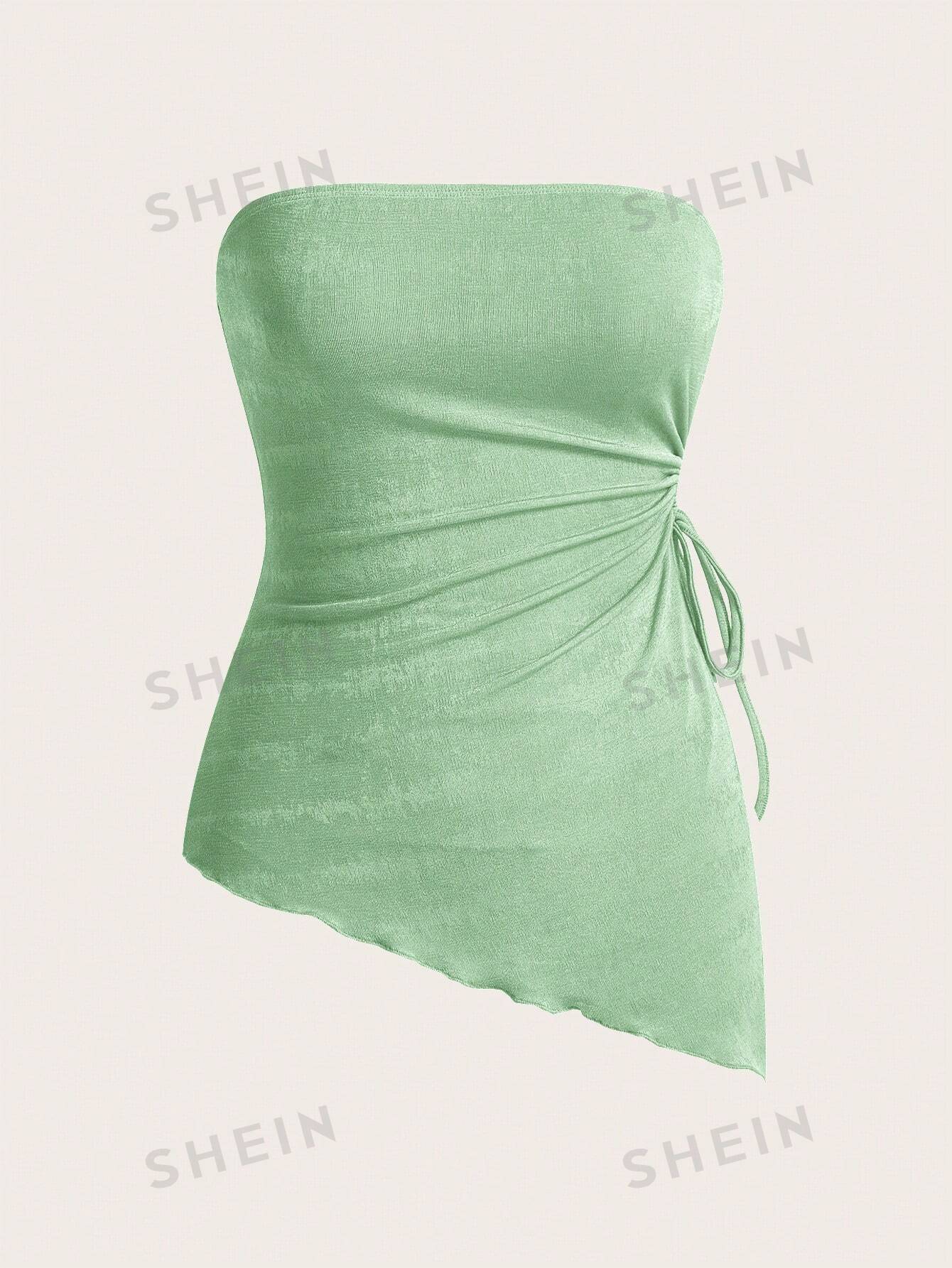 shein mod вязаный женский асимметричный топ бандо с завязками по бокам и неровным подолом розовый SHEIN MOD Вязаный женский асимметричный топ-бандо с завязками по бокам и неровным подолом, мятно-зеленый