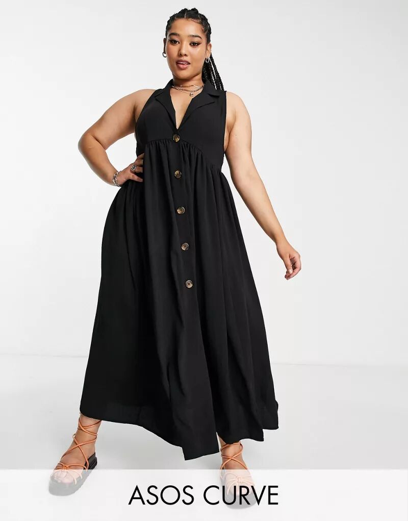 Черное свободное платье миди с воротником на пуговицах ASOS DESIGN Curve fly платье легкое свободное на пуговицах черное 46 р