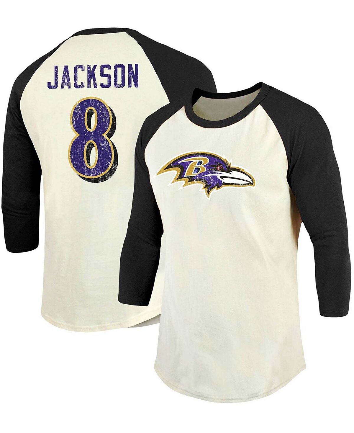

Мужская футболка Lamar Jackson Cream, Black Baltimore Ravens в винтажном стиле с именем игрока и номером реглан, рукав 3/4 Fanatics