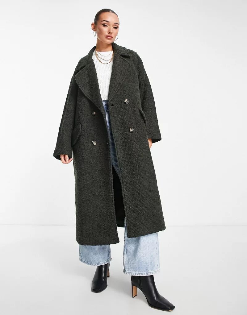Элегантное двубортное пальто цвета хаки из смесовой шерсти букле ASOS