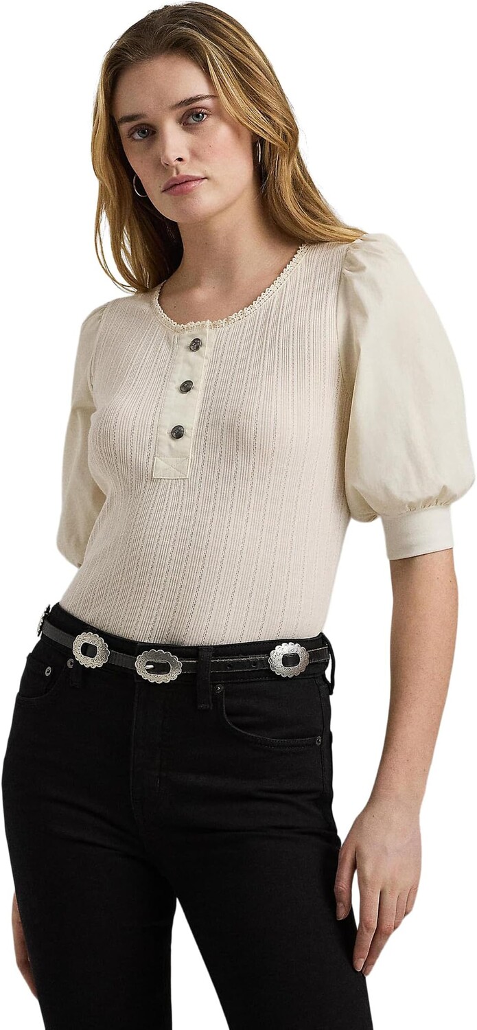 

Футболка Lauren Ralph Lauren Pointelle Puff Sleeve Henley Tee, цвет Mascarpone Cream