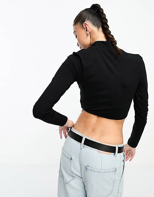 

Черный укороченный топ с высоким воротником и длинными рукавами Dr Denim Lizzie