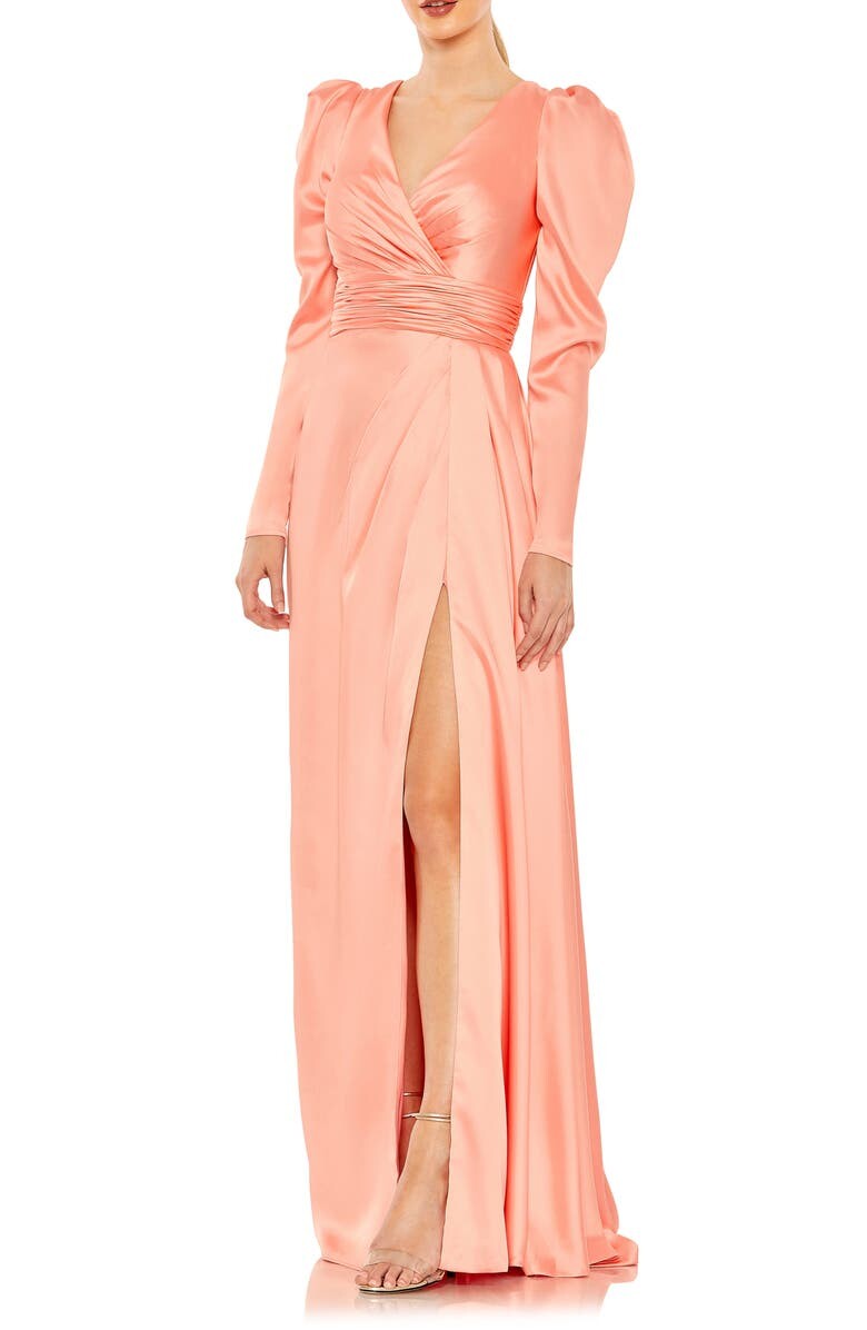 

Атласное платье с запахом из искусственной ткани с пышными рукавами MAC DUGGAL
