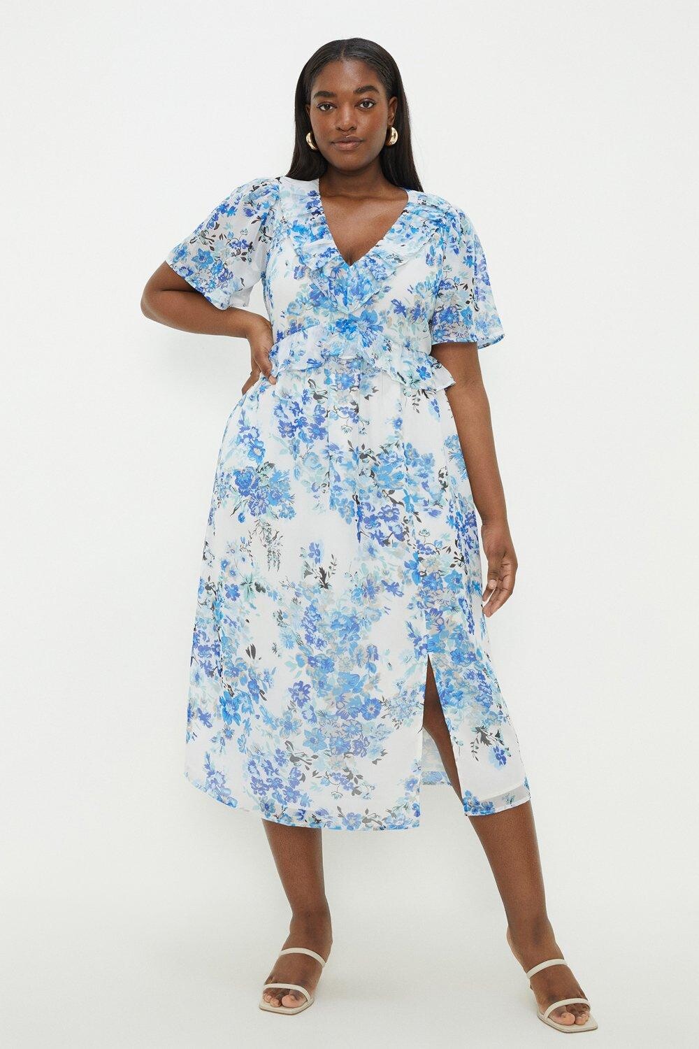 

Шифоновое платье миди с оборками и изгибами Dorothy Perkins, синий