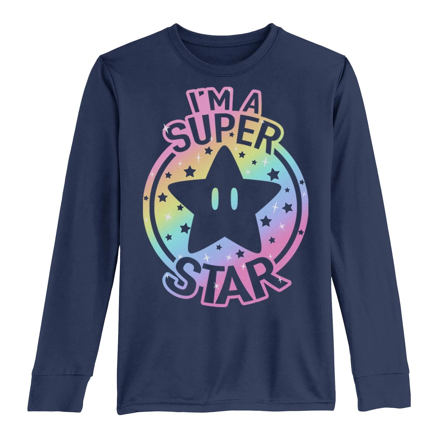 

Футболка с длинными рукавами и графическим рисунком Super Mario Pride I'm A Super Star для мальчиков 8–20 лет с радужным градиентом Licensed Character, синий