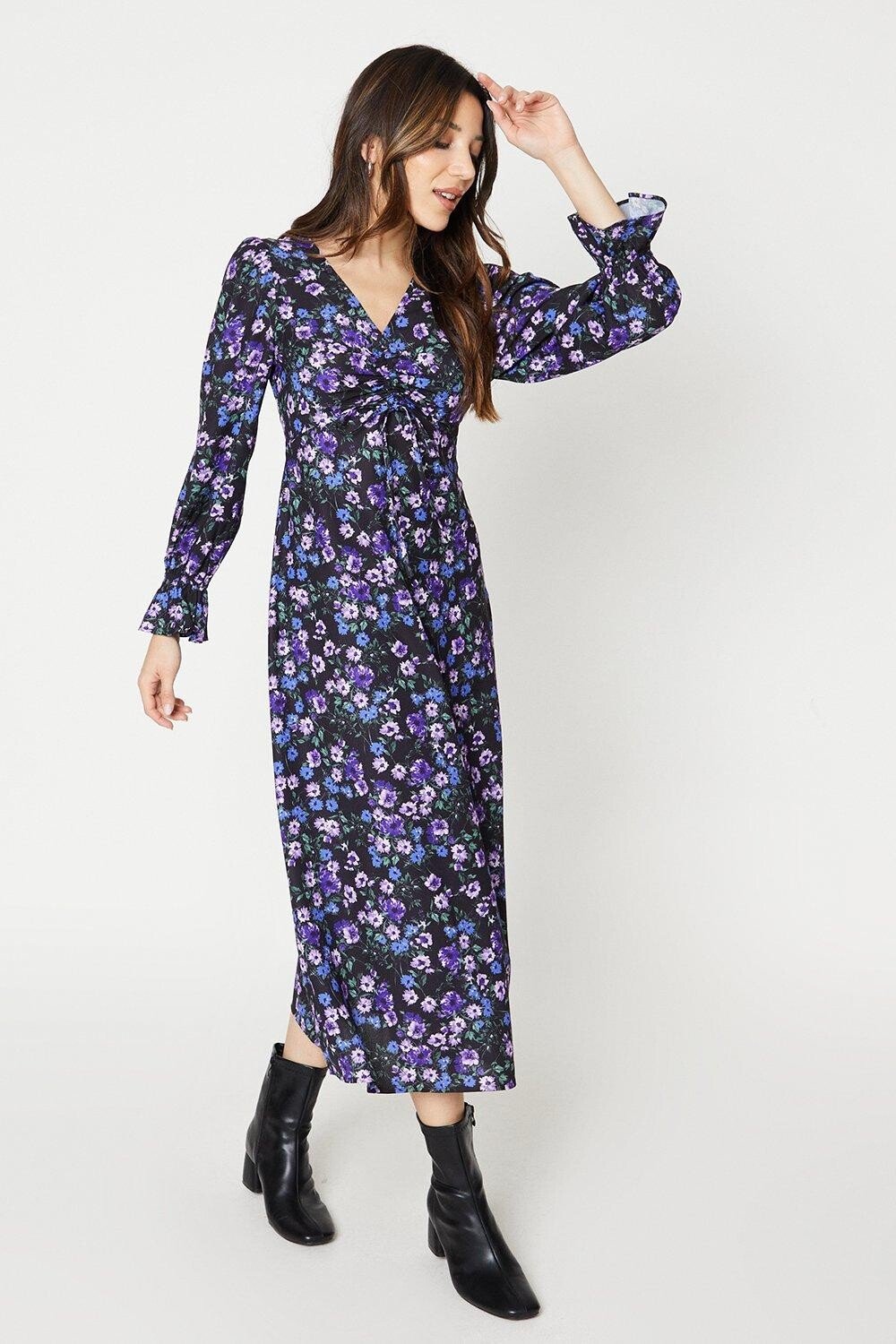

Миниатюрное платье миди с V-образным вырезом и цветочным принтом Dorothy Perkins, мультиколор