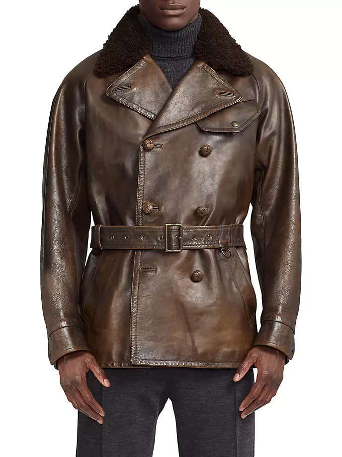 

Кожаная двубортная куртка Killian с дубленочным воротником Ralph Lauren Purple Label, цвет dark brown