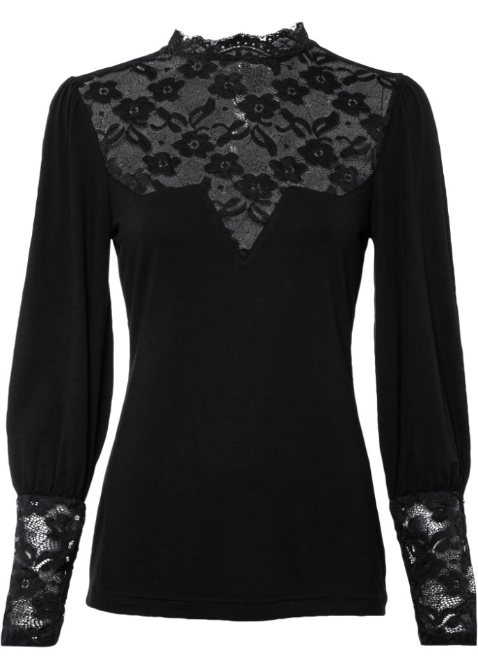 Рубашка с длинным рукавом и кружевом Bodyflirt Boutique, черный рубашка с кружевом bodyflirt boutique черный
