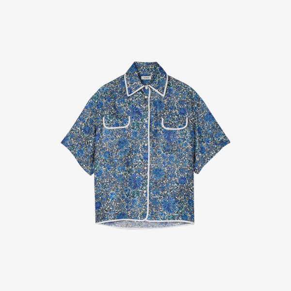 Шелковая рубашка свободного кроя с цветочным принтом Sandro, цвет bleus