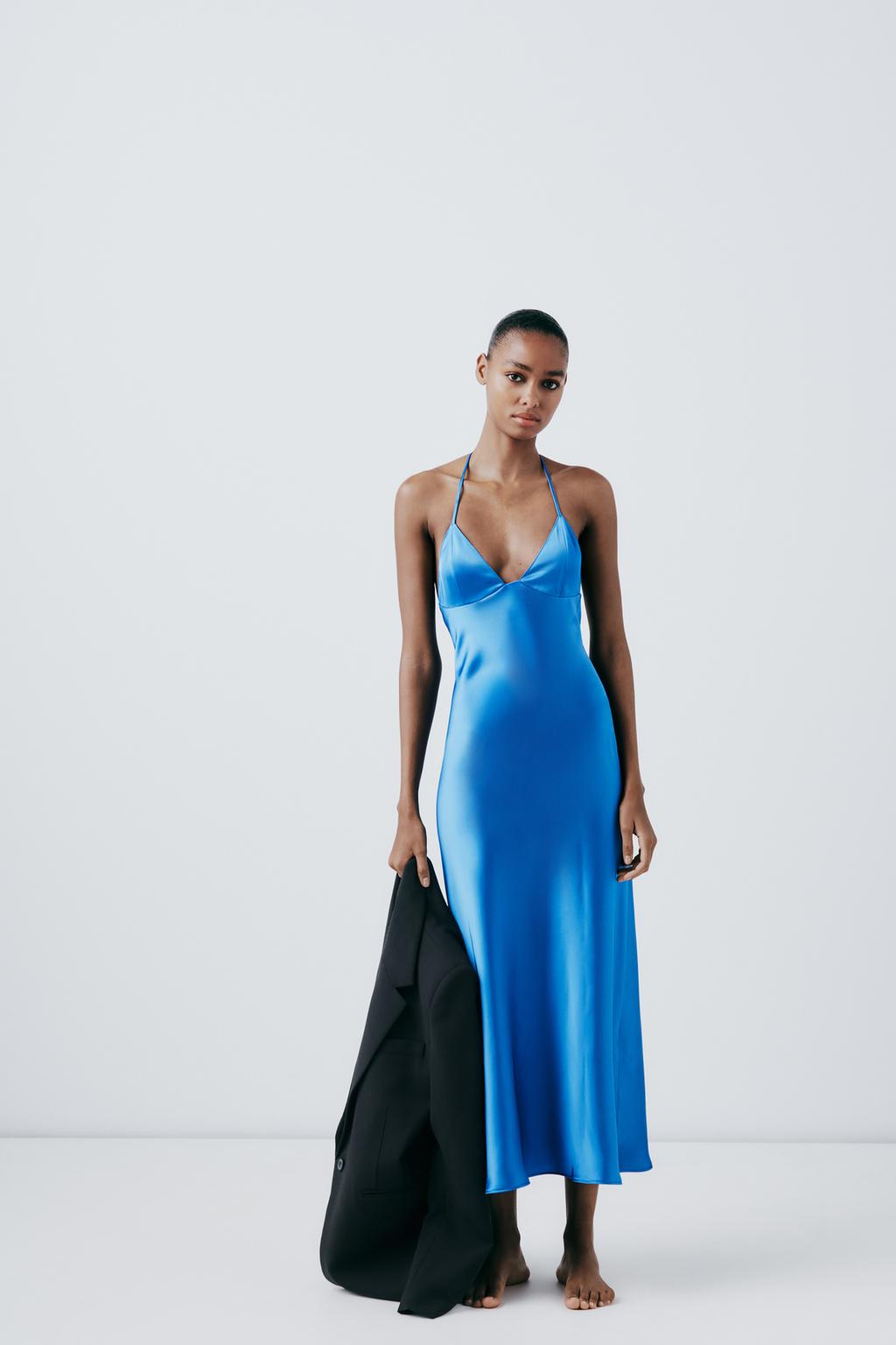 Атласное платье-комбинация с бронями на спине ZARA, синий
