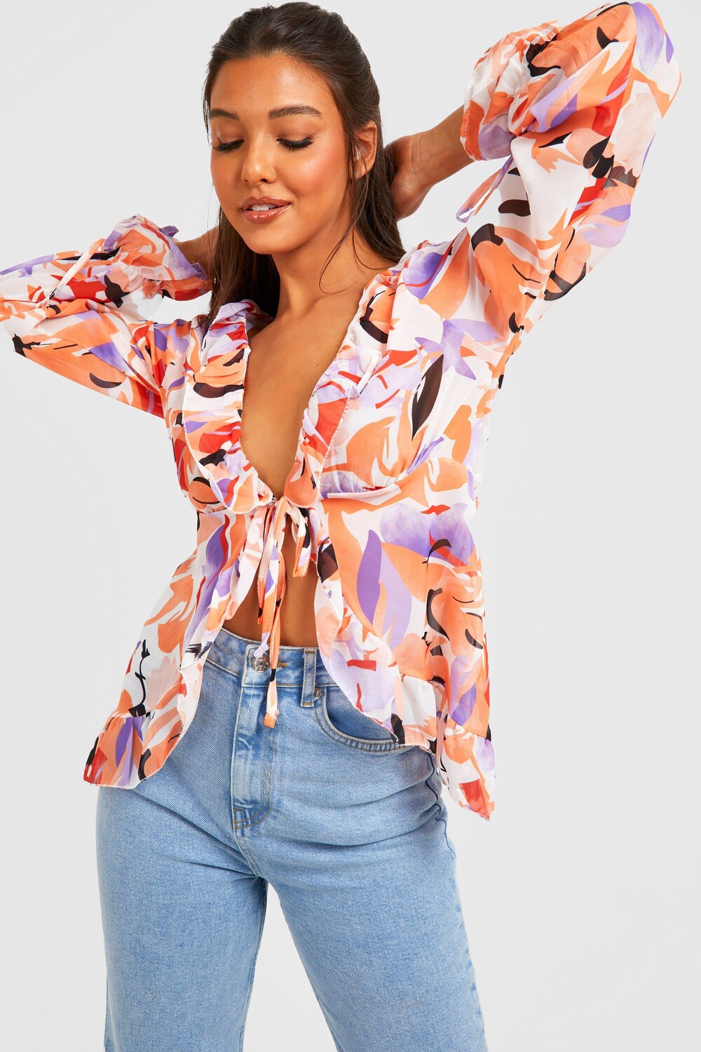 

Блузка с цветочным цветочным завязком передней части Boohoo, оранжевый