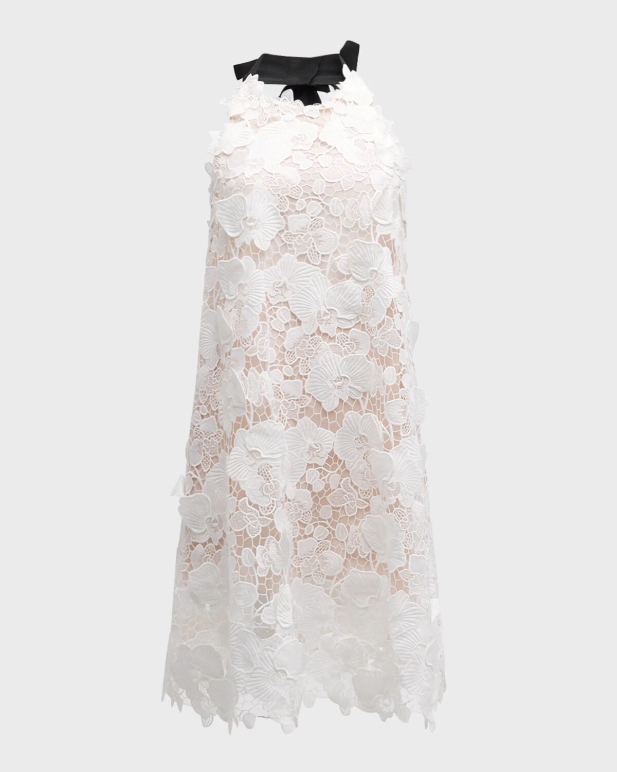 

Мини-платье с лямкой на шее из гипюра орхидеи и трапеции Oscar De La Renta, белый
