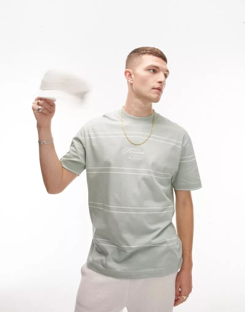 

Футболка оверсайз шалфейного цвета Topman с полосками и парижской вышивкой