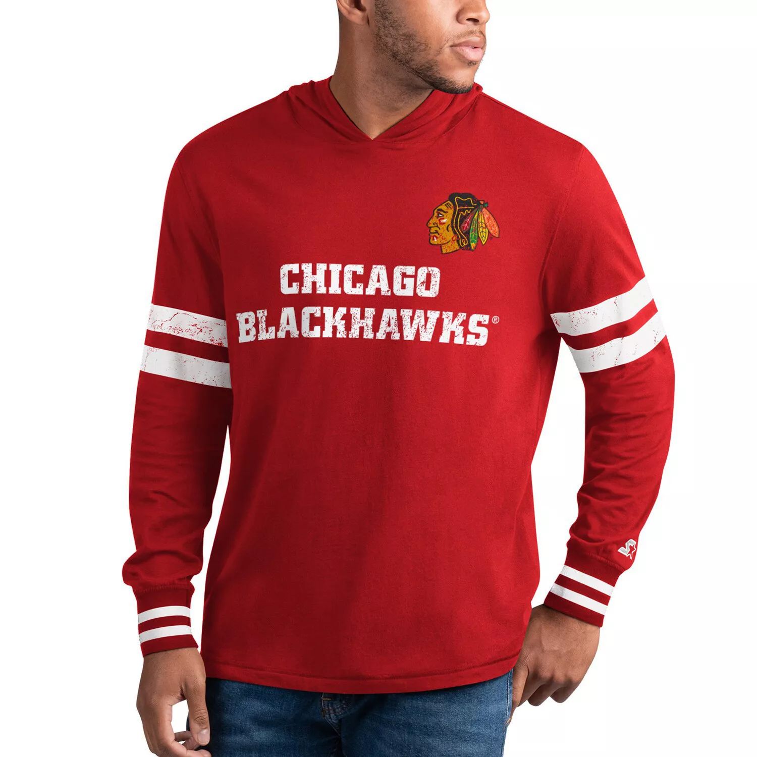 цена Мужская красная/белая футболка с капюшоном и длинными рукавами Chicago Blackhawks Offense Starter