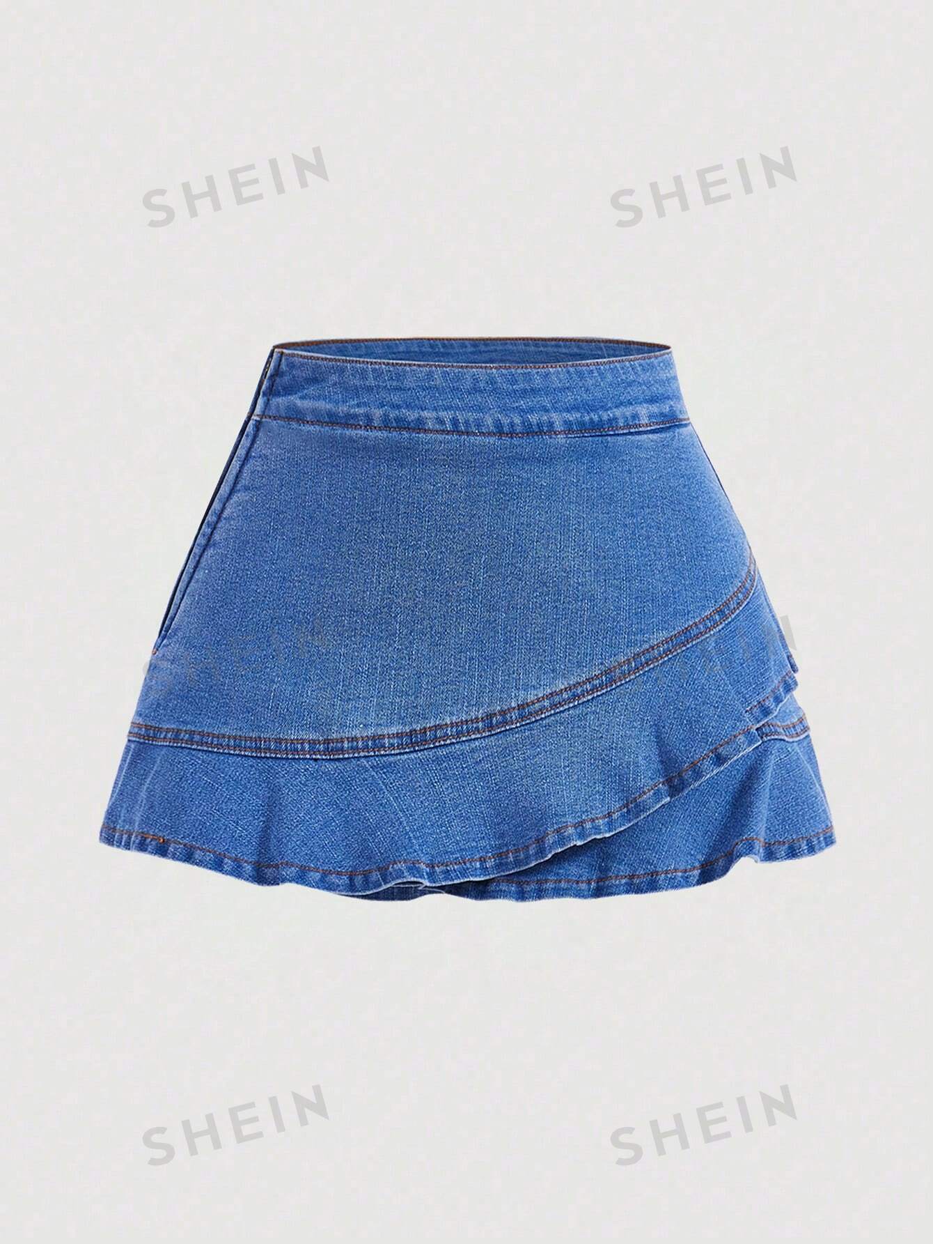 цена SHEIN MOD женские джинсовые шорты с рюшами по краю, средняя стирка