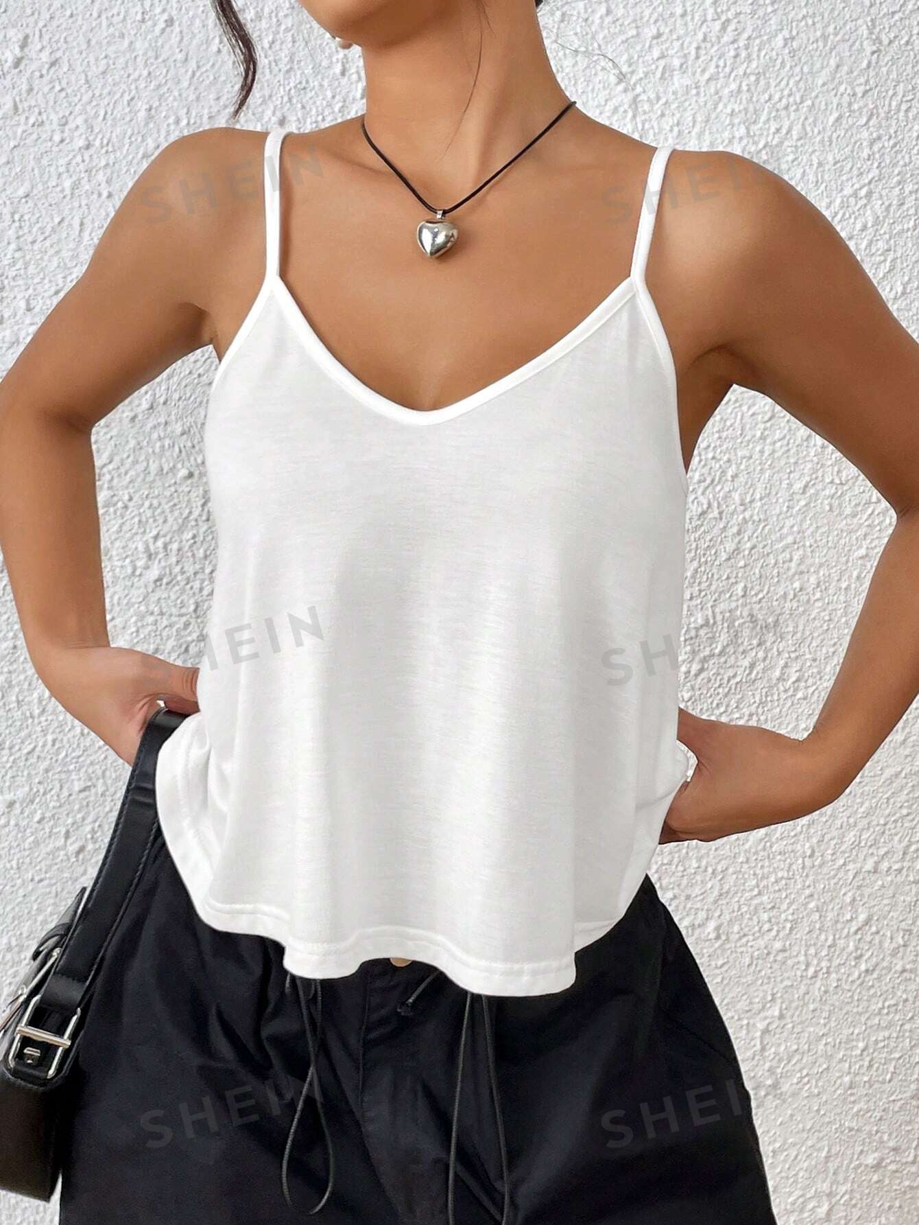 SHEIN EZwear однотонный топ свободного кроя на бретельках, белый женский пуловер с длинным рукавом рубашки поло повседневные свободные толстовки с v образным вырезом