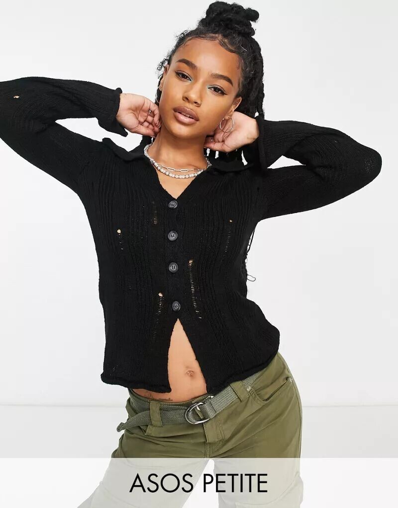 

Черный кардиган с потертым воротником и лесенкой ASOS DESIGN Petite
