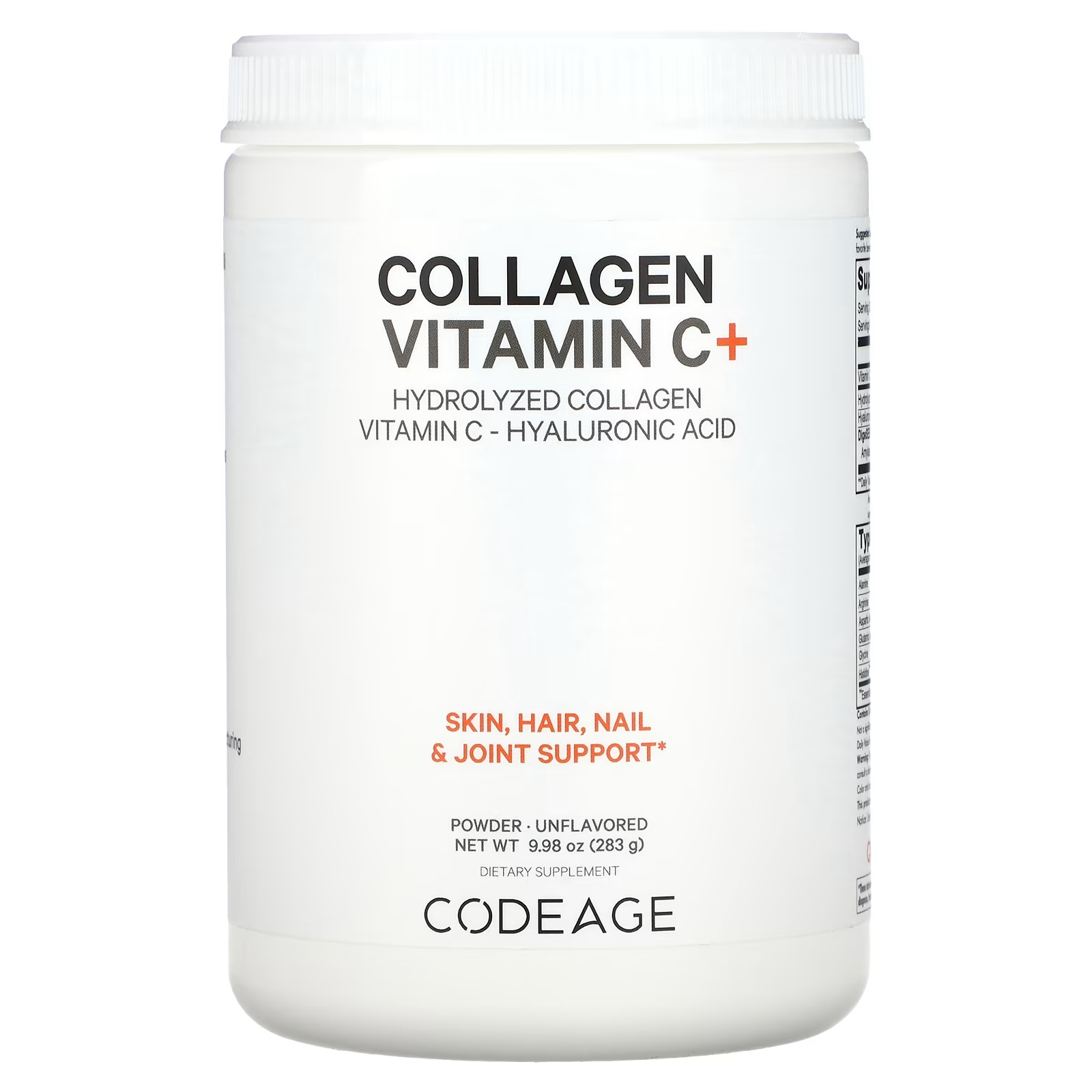 Codeage Коллаген, витамин С + порошок, гидролизованный коллаген, витамин С, гиалуроновая кислота, без вкуса, 9,98 унции (283 г)