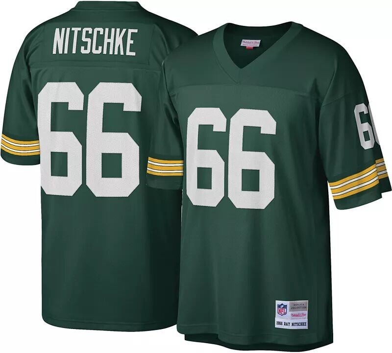 

Мужская джерси Green Bay Packers Ray Nitschke #66 Mitchell & Ness 1966 года, зеленая с возвратом