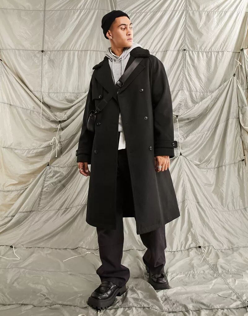 Черное объемное пальто из смесовой шерсти с воротником из искусственного меха ASOS