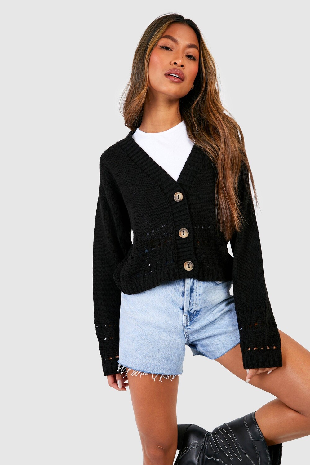 

Укороченный кардиган, связанный крючком Boohoo, черный