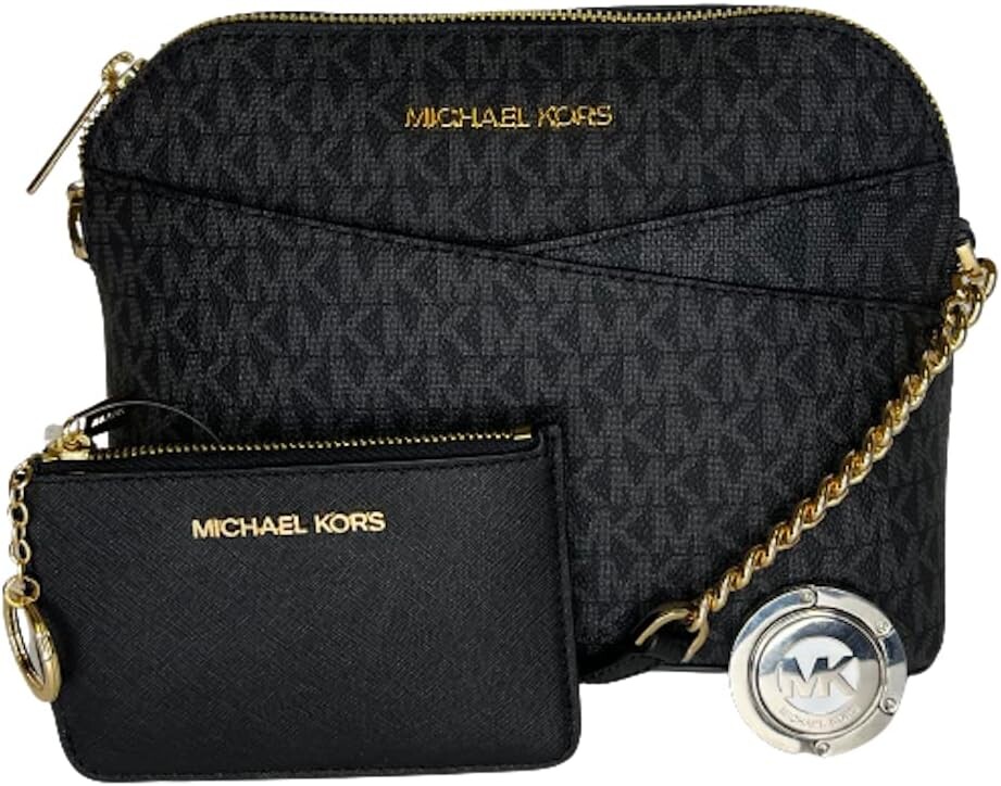 

Michael Kors Jet Set Travel MD Dome XCross Crossbody в комплекте с крючком для кошелька SM TZ (Signature MK Black Gold/Black)