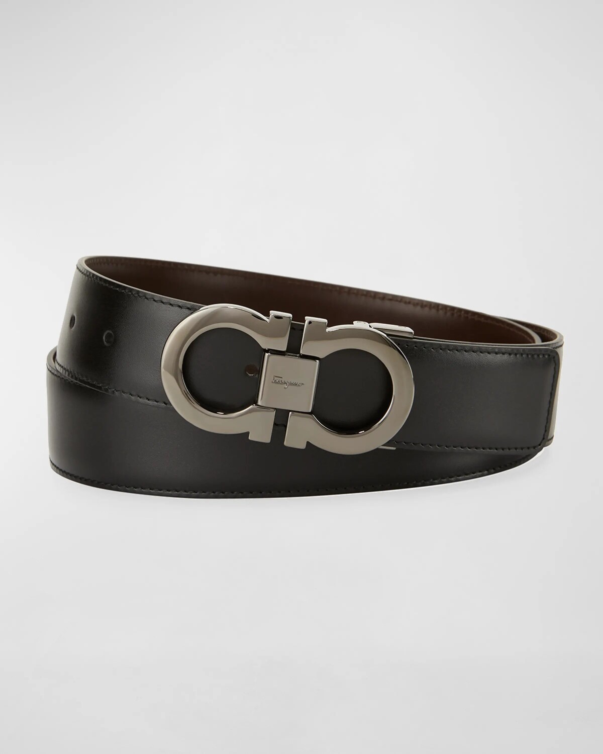 

Мужской двусторонний кожаный ремень Gancio с двойным принтом Ferragamo, цвет Black/Brown