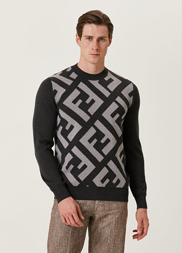 Серый шерстяной жаккардовый свитер с логотипом Fendi