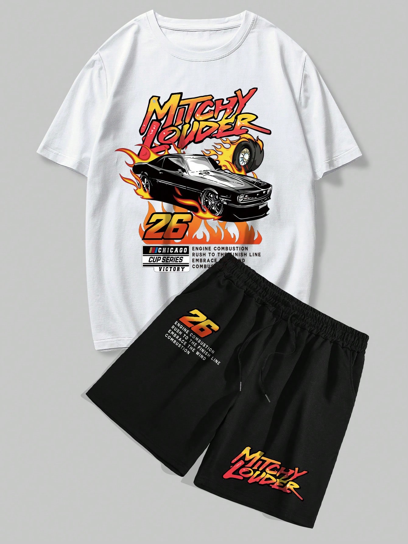 Мужской комплект футболки и шорт с короткими рукавами и принтом ROMWE Street Life Flame Racing, многоцветный