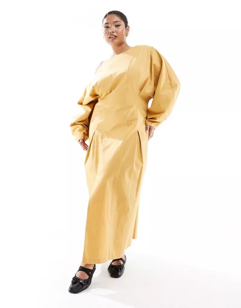 цена Бисквитное платье премиум-класса с открытыми плечами и складками на талии ASOS DESIGN Curve