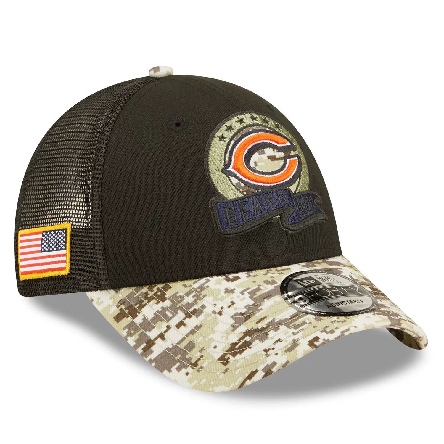 

Мужская кепка New Era Black/Camo Chicago Bears 2022 Salute To Service 9FORTY Snapback Trucker Hat