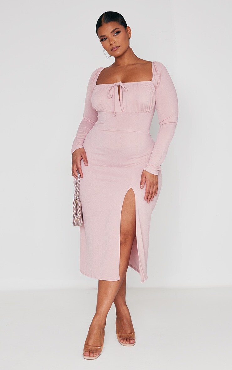 

PrettyLittleThing Платье миди Plus Rose с пышными рукавами и завязкой спереди