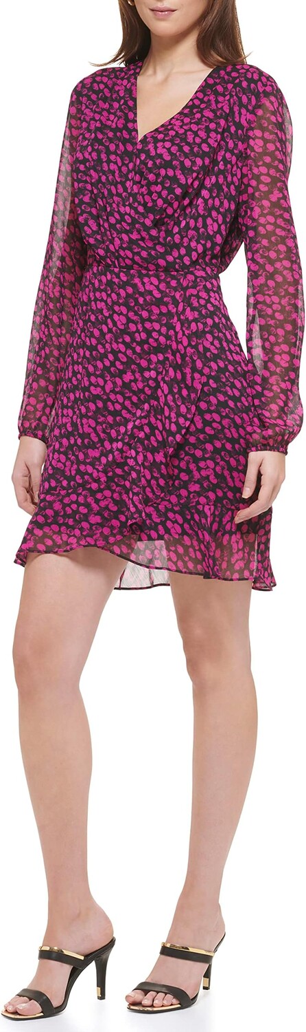 

Платье с запахом и длинными рукавами с принтом DKNY, цвет Black/Electric Fuchsia