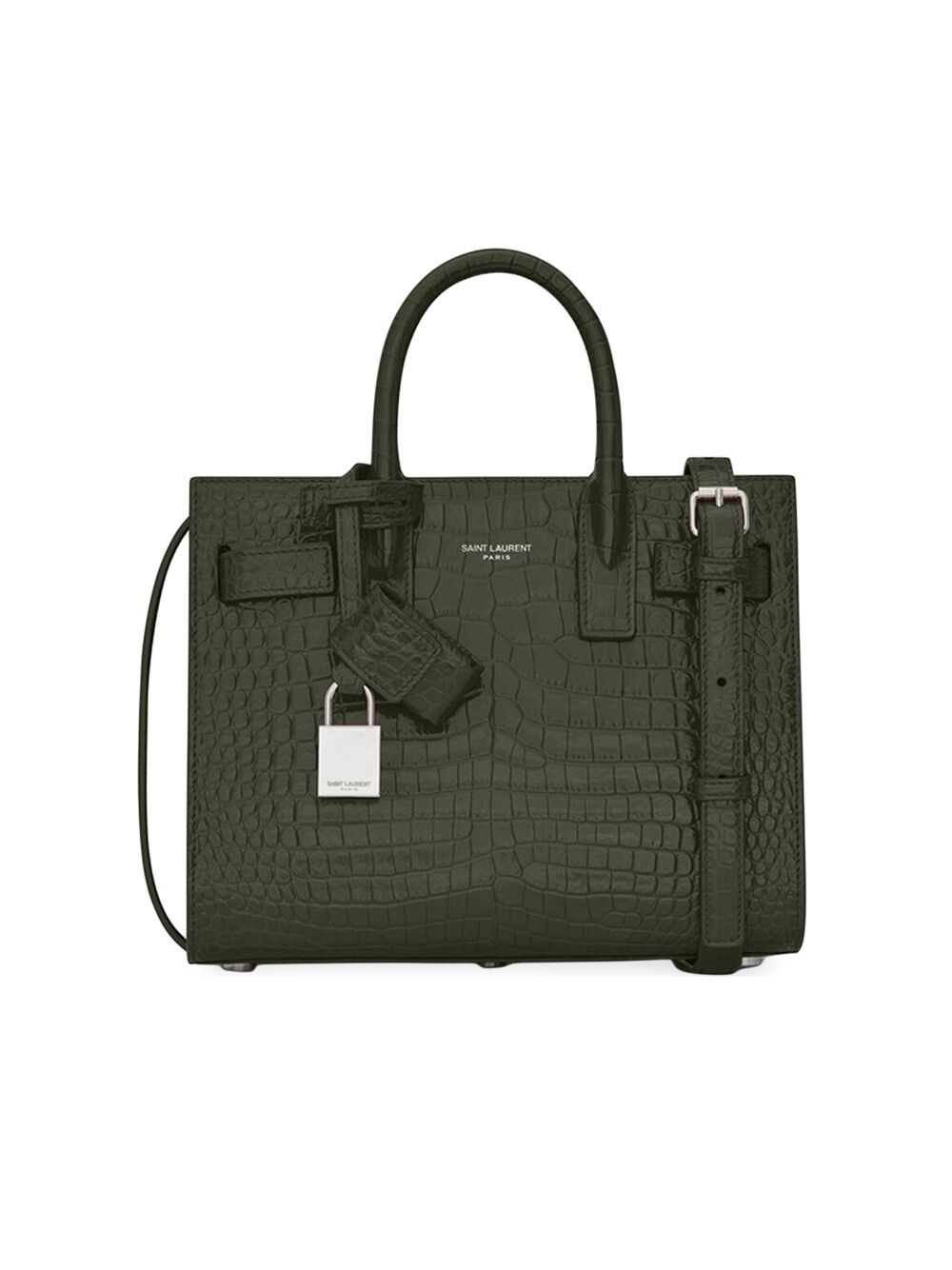 

Сумка Sac De Jour Nano с верхней ручкой из блестящей кожи с тиснением под крокодила Saint Laurent, зеленый
