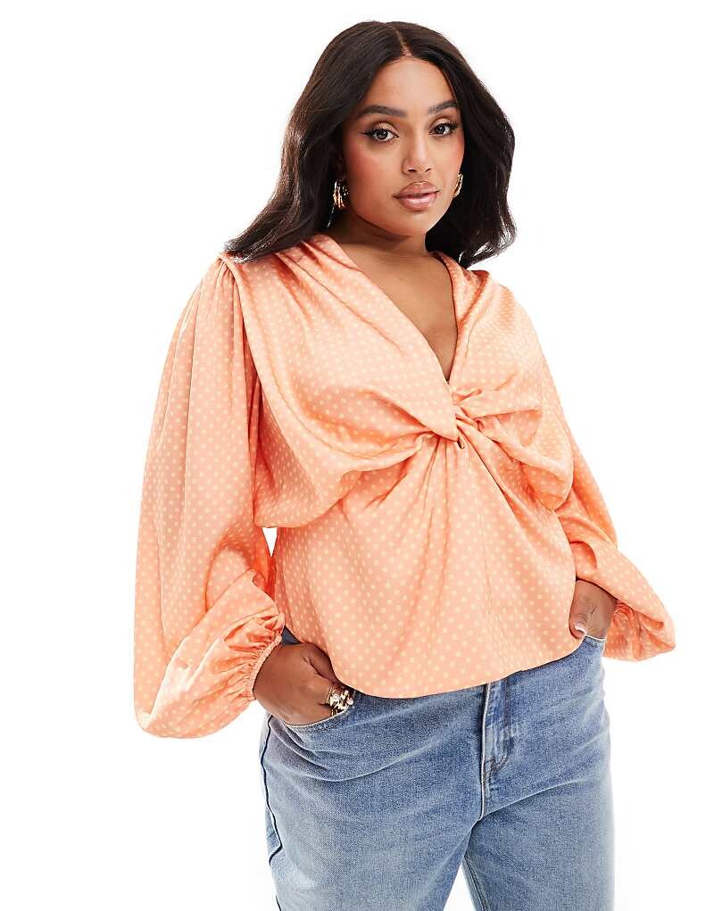 

ASOS LUXE Curve – Атласный топ в горошек с драпировкой спереди