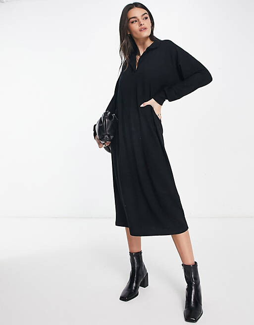 

Черное супермягкое платье-поло миди с длинными рукавами ASOS DESIGN
