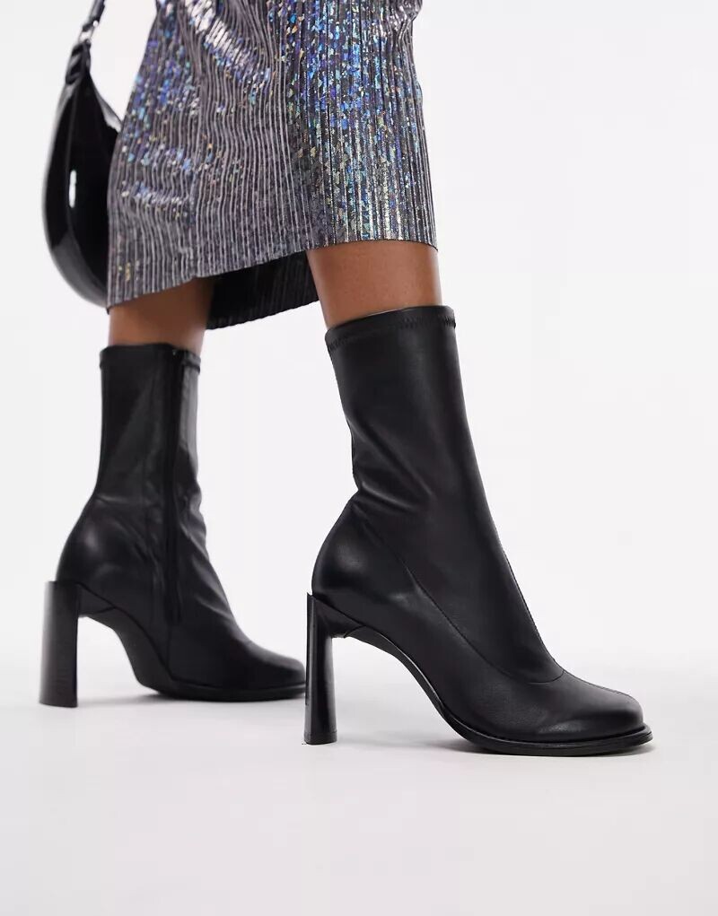

Черные ботинки на каблуке Topshop Bowie из премиальной кожи с круглым носком