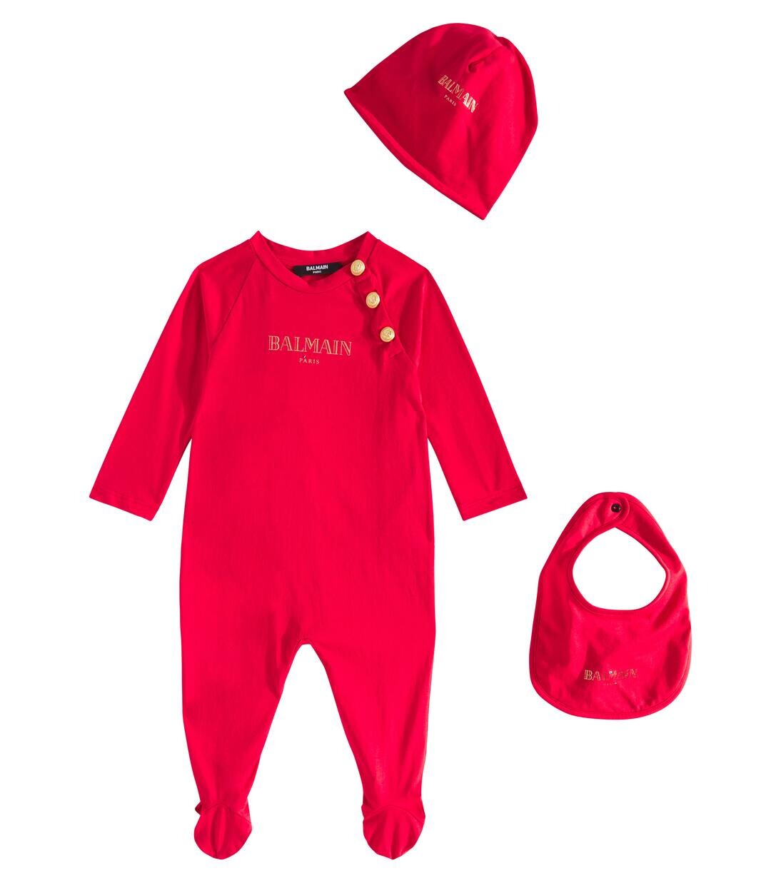 

Комплект из хлопка для младенца: комбинезон, нагрудник и шапочка Balmain Kids, цвет rosso/oro