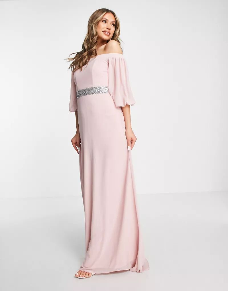 цена Длинное шифоновое платье подружки невесты с глубоким вырезом TFNC и украшением на талии розовато-лилового цвета