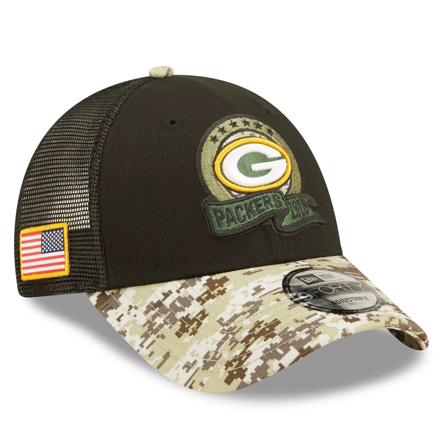 

Мужская кепка New Era Black/Camo Green Bay Packers 2022 Salute To Service 9FORTY Snapback Trucker Hat